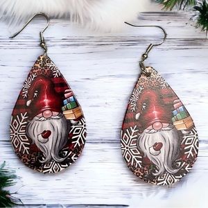 Santa Gnome Christmas Double Sided Wood Teardrop Pierced Earrings